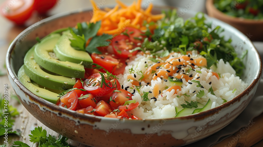 Closeup of a delicious bowl of fresh salad with rice Closeup of a delicious bowl of fresh salad with rice