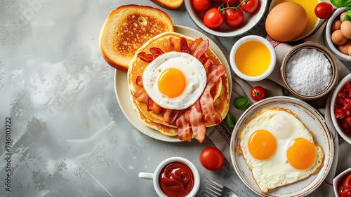 Breakfast with bacon, eggs, toast and other ingredients