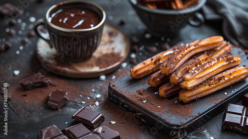 Churros covered in chocolate powder and a cup of hot chocolate
