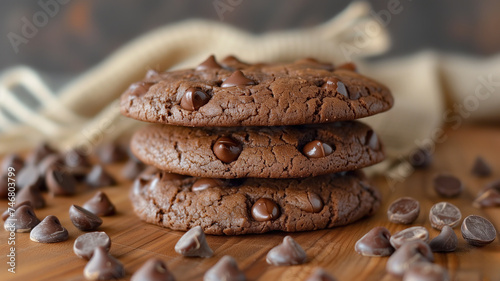 Close up on a stack of delicious chocolate chip cookies