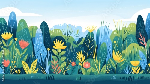 a painting of a forest filled with lots of different types of plants and flowers, with a blue sky in the background. photo