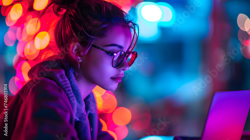 Portrait of a young content creator woman sitting at laptop in a room with purple light