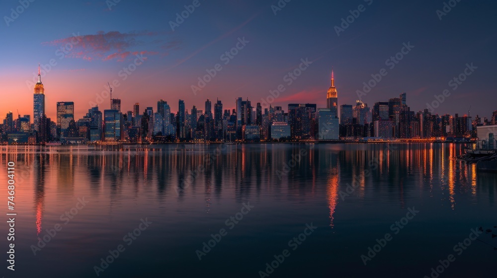 Beautiful view of a city in the United States at night or sunset seen from a majestic lake landscape. night city concept