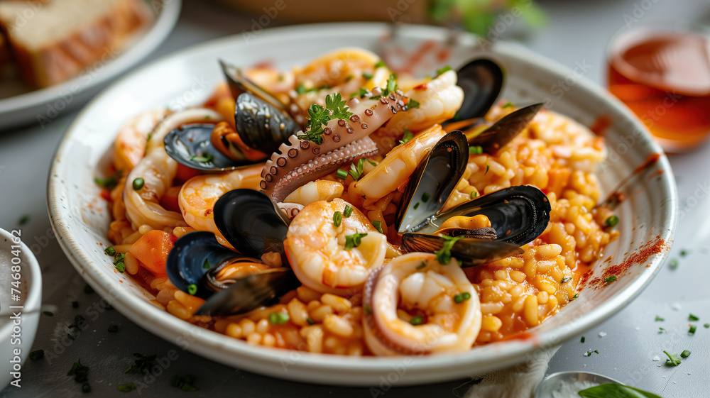 Closeup on a delicious plate of risotto with seafood, mussels, octopuses and squid Closeup on a delicious plate of risotto with seafood, mussels, octopuses and squid