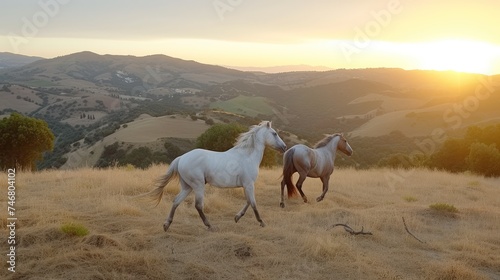 a couple of white horses standing on top of a dry grass covered field with mountains in the backgroud.