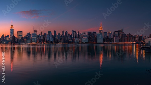 Beautiful view of a city in the United States at night or sunset seen from a majestic lake landscape. night city concept © Marco