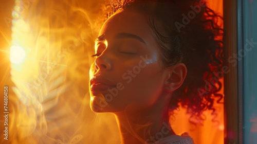 Young woman in infrared sauna urrounded by soft, warm light, self-care holistic health therapy comcept. Generative ai