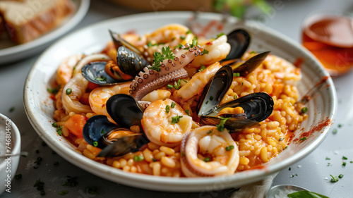 Closeup on a delicious plate of risotto with seafood, mussels, octopuses and squid