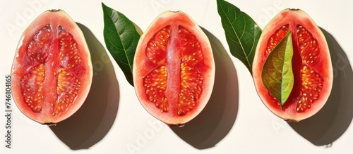 Three perfectly sliced vibrant red guava fruits  each accompanied by a fresh green leaf  displayed on a clean white background.