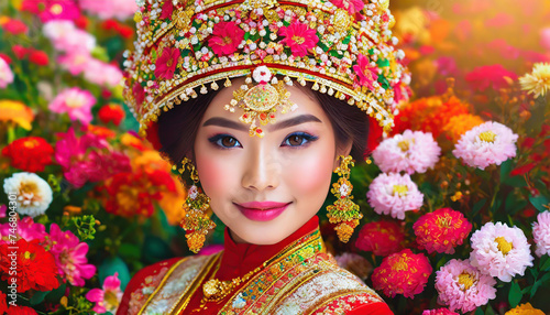 Chinese luxury wallpaper with flowers foreground Containing china beautiful young girl real.