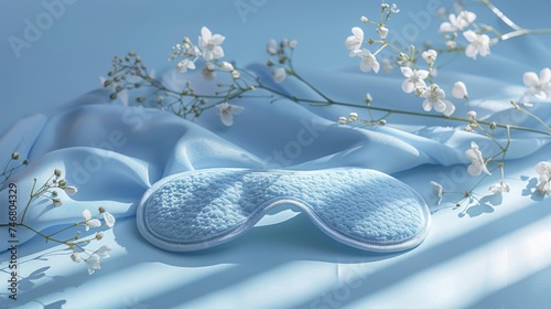 Healthy night sleep, relaxation and comfort concept. Blue Sleep mask and small white flowers for healthy sleep on light bkue textile background. Generative ai photo