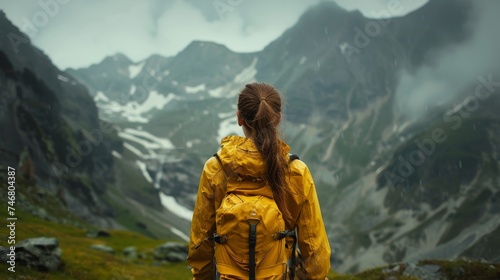 White young woman solo traveling with backpack hiking in the mountains, trekking in the mountains. active healthy lifestyle adventure journey vacations. Generative ai