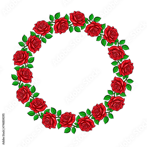 round frame cartoon rose flower with green leaves on white
