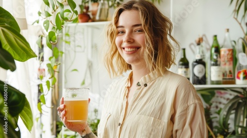Happy and smiling young woman enjoying drinking Kombucha drink at modern home. Healthy natural probiotic drink. Generative ai