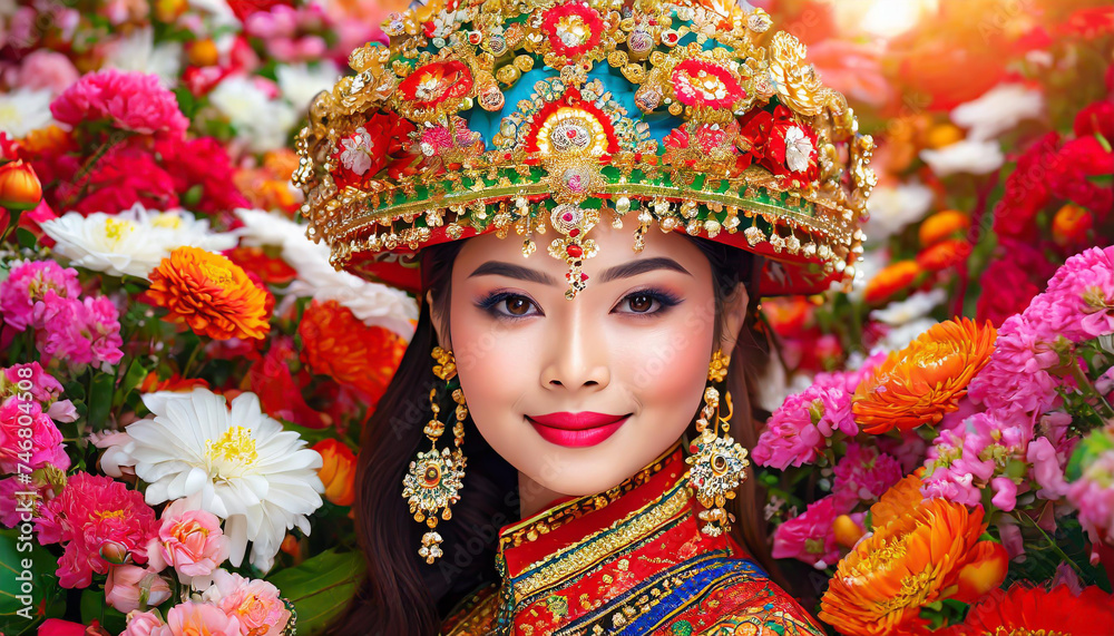 Chinese luxury wallpaper with flowers foreground Containing china beautiful young girl real.