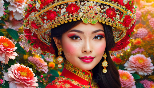 Chinese luxury wallpaper with flowers foreground Containing china beautiful young girl real.