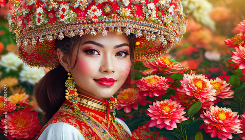 Chinese luxury wallpaper with flowers foreground Containing china beautiful young girl real.