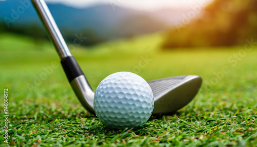 close up golf club and golf ball on green grass with sunrise background