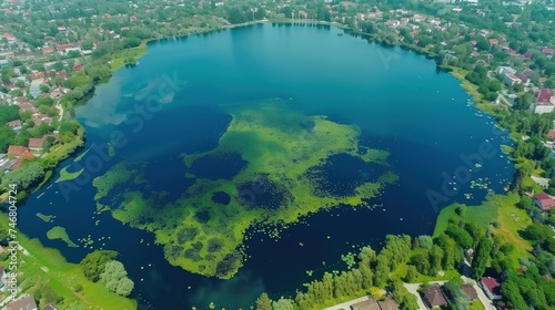 an aerial view of a large body of water surrounded by lush green trees and a small town in the distance. © Anna