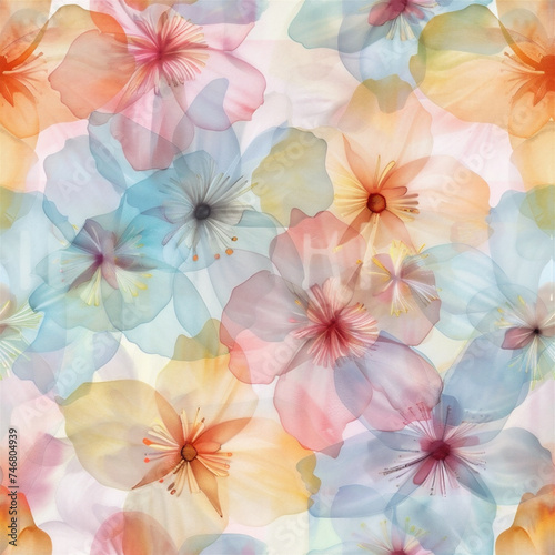 Translucent Sakura Flowers in Pastel Watercolor Painted Colors, Seamless Tile Pattern, Generative AI