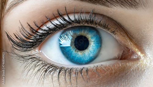 close up of a female blue eye with long black eyelashes