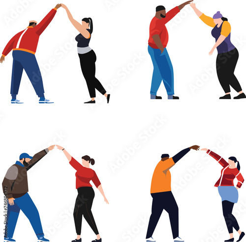 Four diverse pairs practice partner yoga. Fitness couples stretching balance exercise. Wellness healthy routine vector illustration