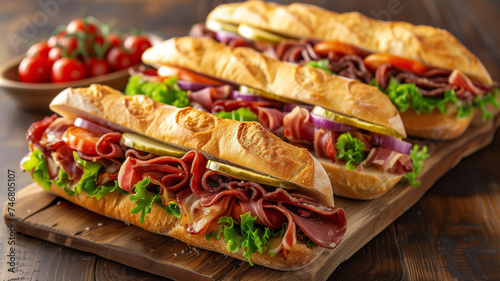 Delicious stuffed sandwiches on a wooden board