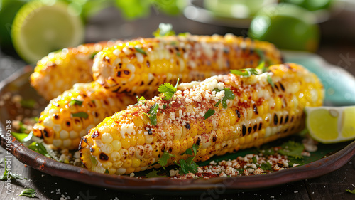 Elotes, grilled mexican street corn on a plate