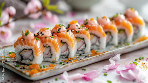 Japanese uramaki sushi rolls with salmon