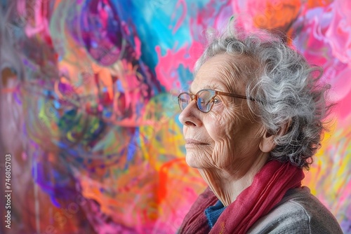 Portrait of an elderly woman with glasses against a colorful background.