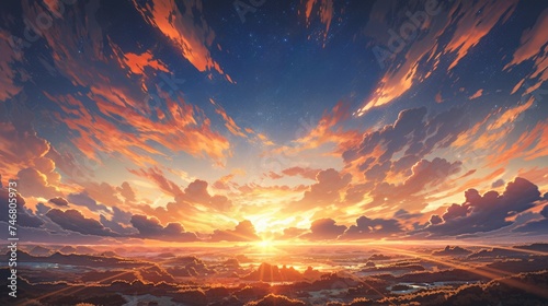 anime concept sky sunset landscape background eclipse, ai #746805973