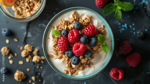 Top view of a cup of yogurt with granola and raspberry