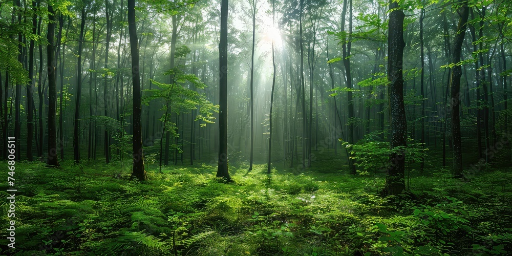 Fototapeta Tranquil Treescapes Breath - Forest Life Background - Tranquil Essence - Soft Daylight - Breathing Forest 