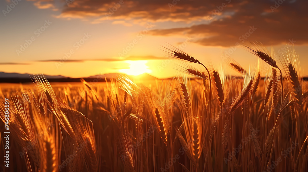 Wheat field in the sun close-up during harvest season