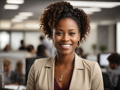 Woman Smiling in Professional Office Environment, Sharing a Positive Vibe and Warmth. Generative AI.