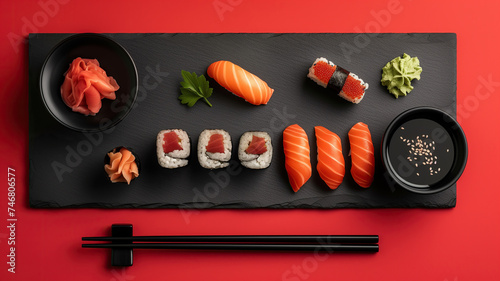Top view of delicious sushi and sauces on a red background