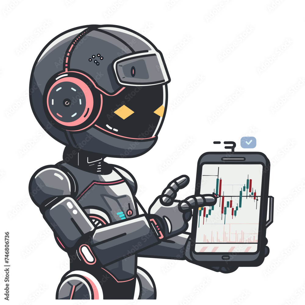 robot trader holding a smartphone with stock market chart. Vector illustration.