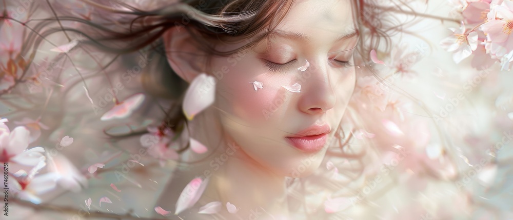A woman face is tenderly adorned with petal-like tears amidst a flurry of cherry blossoms, capturing a moment of sublime beauty and softness