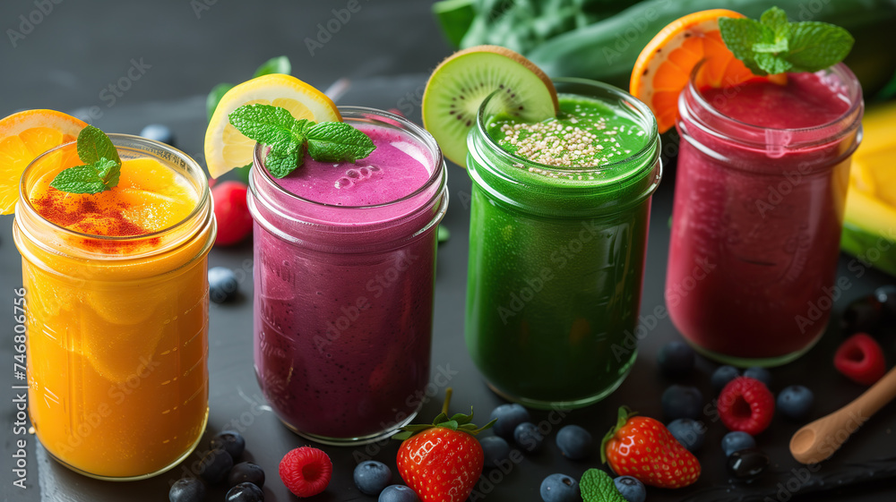 Variety of healthy fruit and vegetable smoothies on a dark background Variety of healthy fruit and vegetable smoothies on a dark background