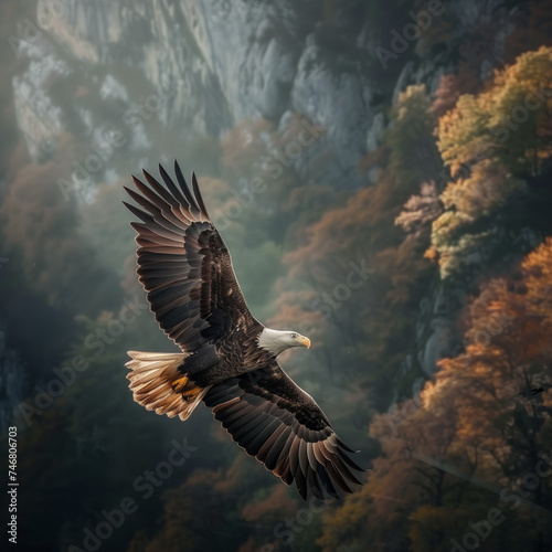 Majestic Eagle Soaring Over Autumn Forest photo