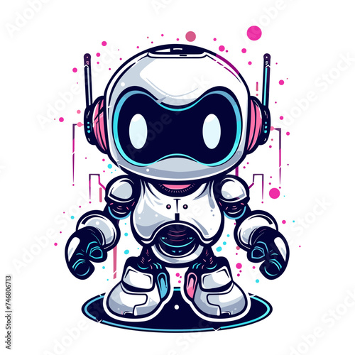 Cute robot with headphones. Vector illustration on a white background.