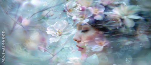 A whimsical profile view of a woman face amidst a surreal swirl of cherry blossoms, creating a captivating dreamscape