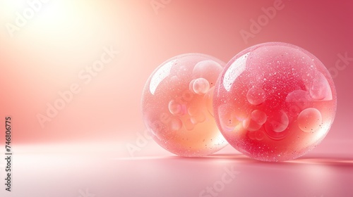 a close up of two balls of soap on a pink and white surface with a bright light in the background.