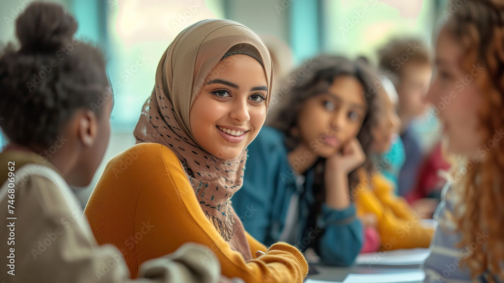 Educational Diversity: Students from diverse backgrounds participating in a classroom discussion, exchanging ideas and learning from each other.