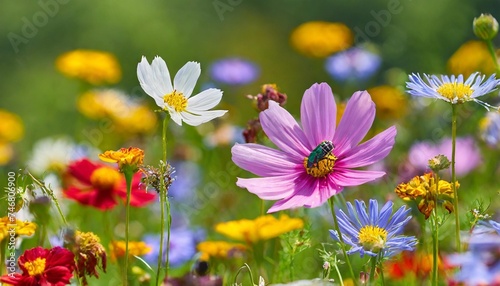 colorful meadow flowers with insects transparent background
