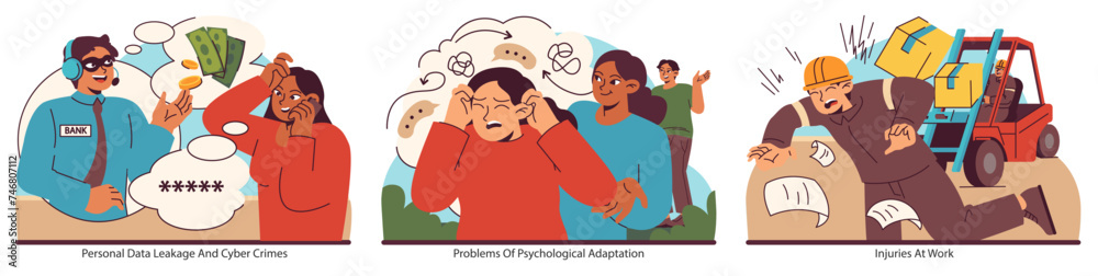 Modern struggles set. Flat vector illustration. Modern struggles set. Flat vector illustration.