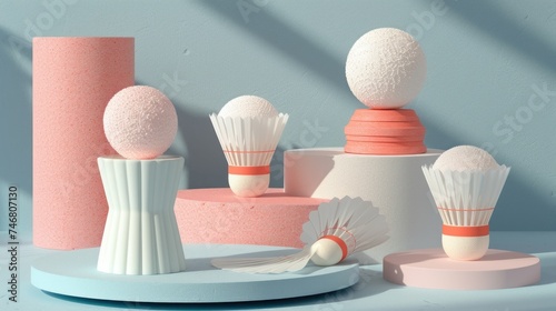 a group of white and pink objects sitting on top of a white table next to a pink vase with a white ball on top of it. photo