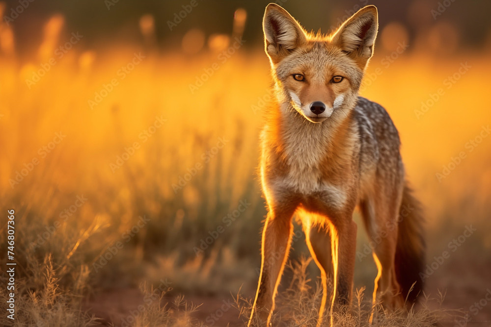 Capturing the Spirit of the Wild: An Alarmed Jackal in its Natural Wilderness Habitat at Sunset