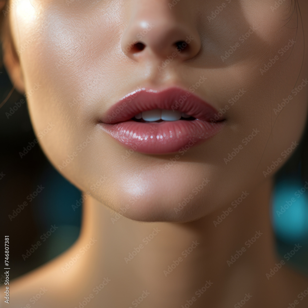 Obraz premium Sexy plump full lips. Perfect natural lip makeup. Part of face young woman close up.