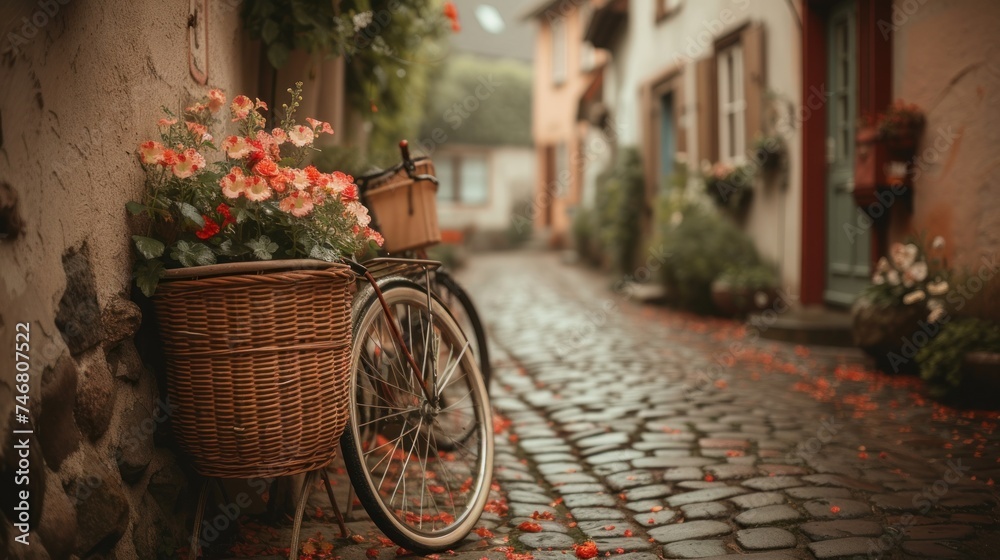 a bicycle parked on a cobblestone street with a basket full of flowers on the front of the bike.